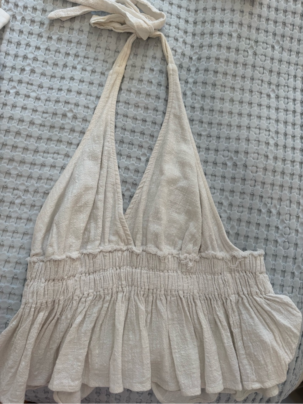 Women’s Cream Halter Tank Top with Smocked Waist